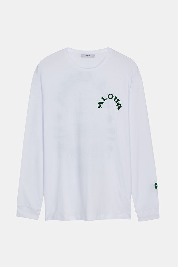 Aloha Men Beyaz Bisiklet Yaka Uzun Kollu T-Shirt
