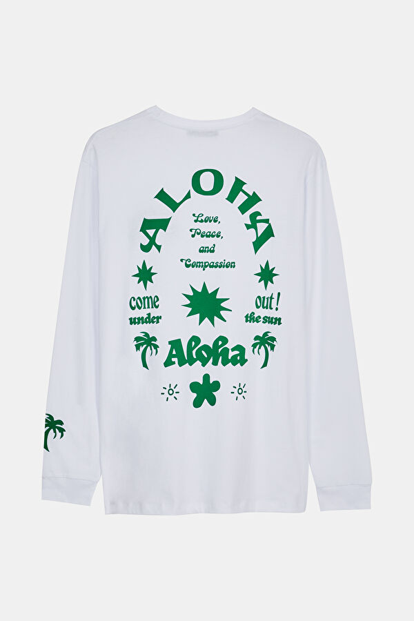 Aloha Men Beyaz Bisiklet Yaka Uzun Kollu T-Shirt 2