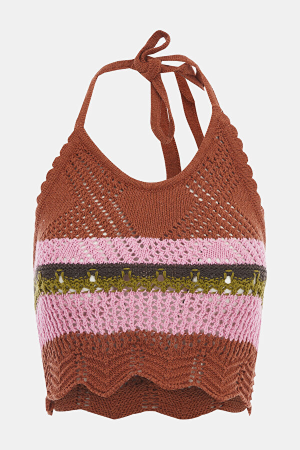Coffee Patterned Strappy Women's Blouse