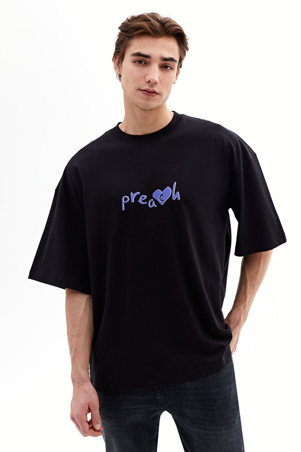 Oversize Siyah Bisiklet Yaka Baskılı T-Shirt