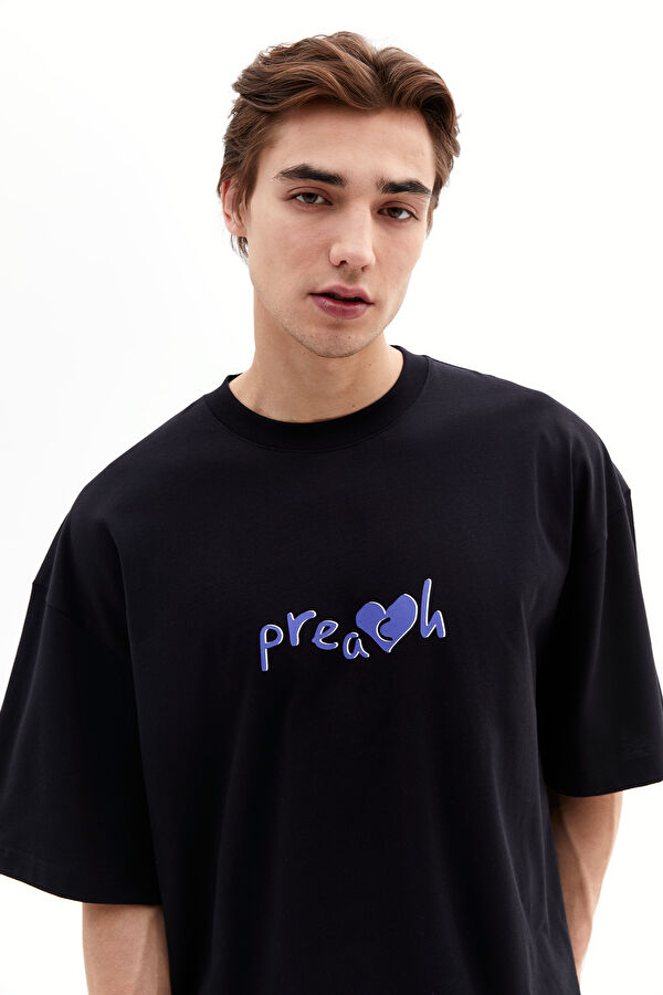 Oversize Siyah Bisiklet Yaka Baskılı T-Shirt 2