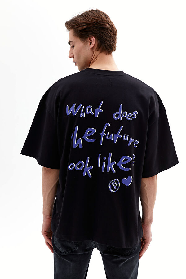 Oversize Siyah Bisiklet Yaka Baskılı T-Shirt 3