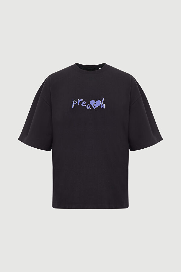 Oversize Siyah Bisiklet Yaka Baskılı T-Shirt 4