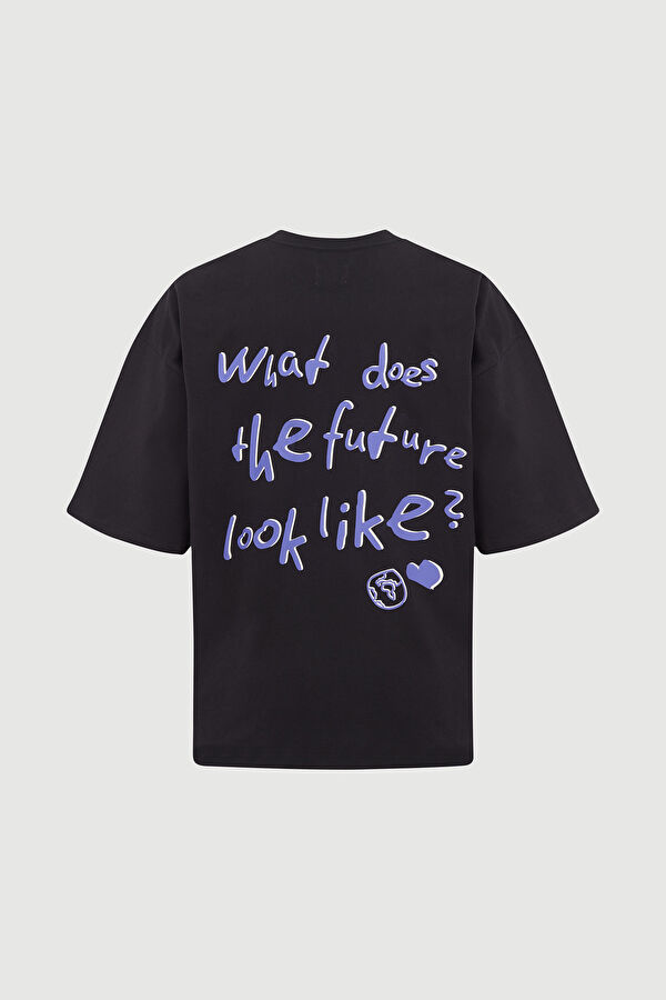 Oversize Siyah Bisiklet Yaka Baskılı T-Shirt 5