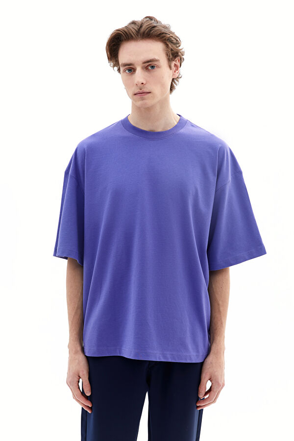 Oversize Mor Bisiklet Yaka Baskılı T-Shirt