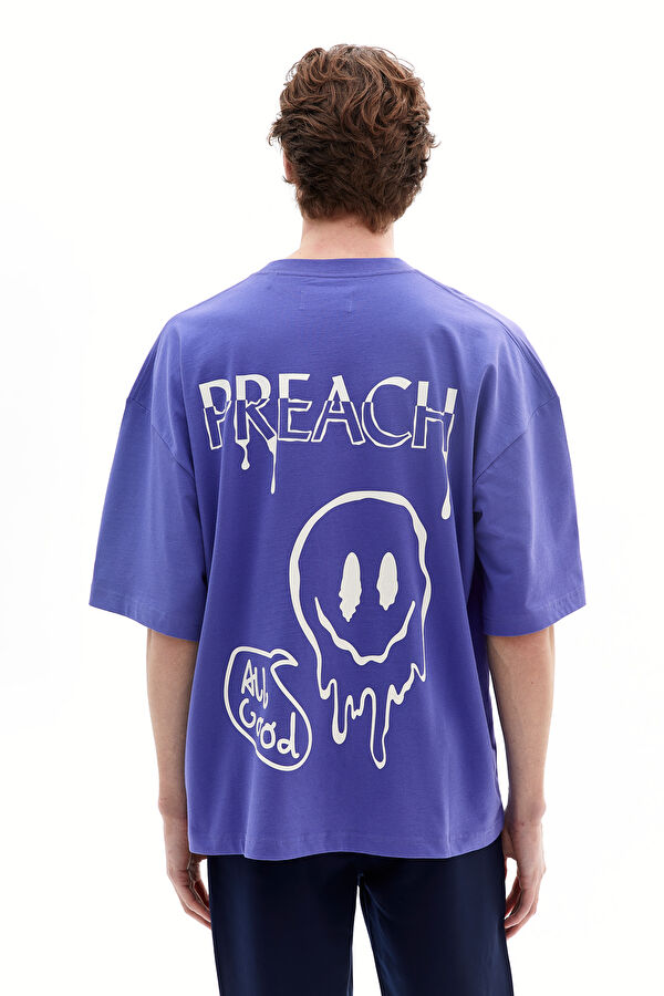 Oversize Mor Bisiklet Yaka Baskılı T-Shirt 2