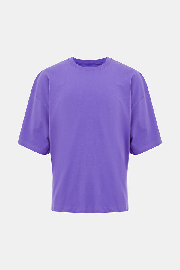 Oversize Mor Bisiklet Yaka Baskılı T-Shirt 3
