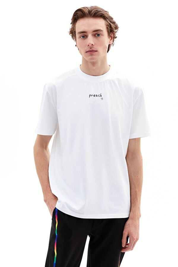 Oversize Beyaz Bisiklet Yaka Baskılı T-Shirt