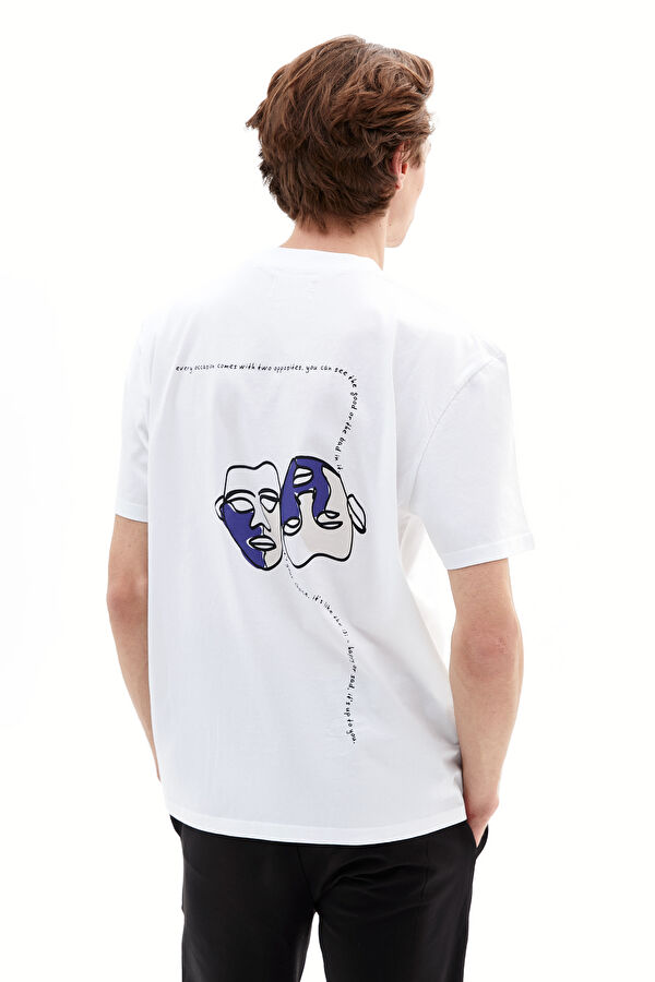 Oversize Beyaz Bisiklet Yaka Baskılı T-Shirt 3