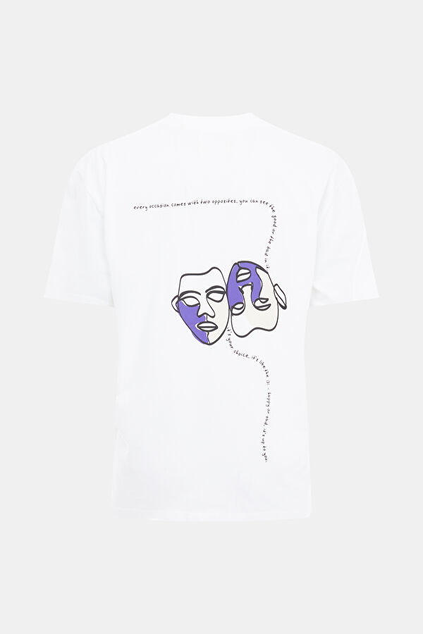Oversize Beyaz Bisiklet Yaka Baskılı T-Shirt 5