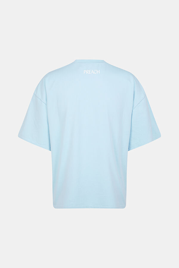 Oversize Açık Mavi Bisiklet Yaka Baskılı T-Shirt 2