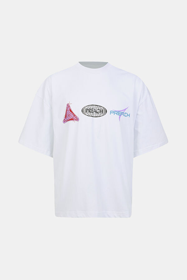 Oversize Beyaz Bisiklet Yaka Baskılı T-Shirt