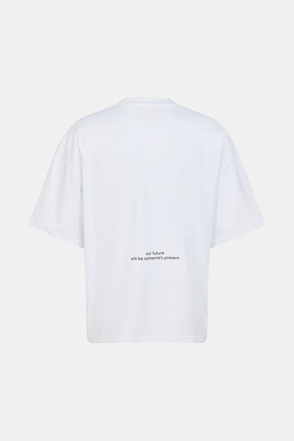 Oversize Beyaz Bisiklet Yaka Baskılı T-Shirt 2
