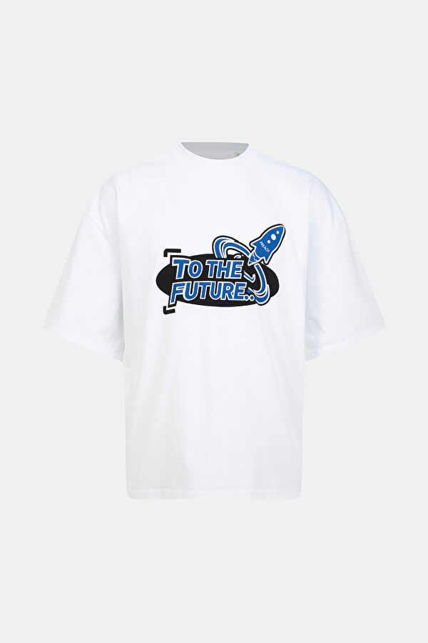 Oversize Beyaz Bisiklet Yaka Baskılı T-Shirt