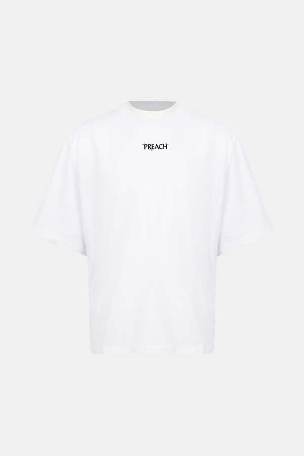 Oversize Beyaz Bisiklet Yaka Baskılı T-Shirt