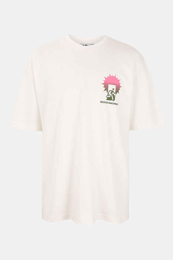 Relax Kalıp Ekru Bisiklet Yaka Baskılı T-Shirt