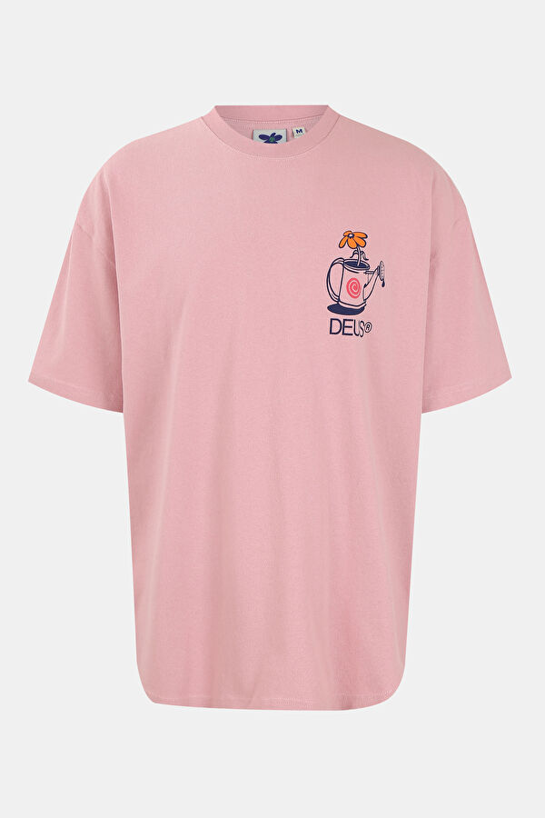 Relax Kalıp Pembe Bisiklet Yaka Baskılı T-Shirt