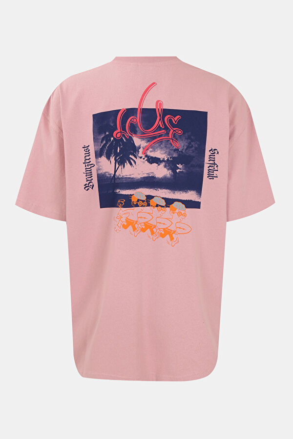 Relax Kalıp Pembe Bisiklet Yaka Baskılı T-Shirt 2