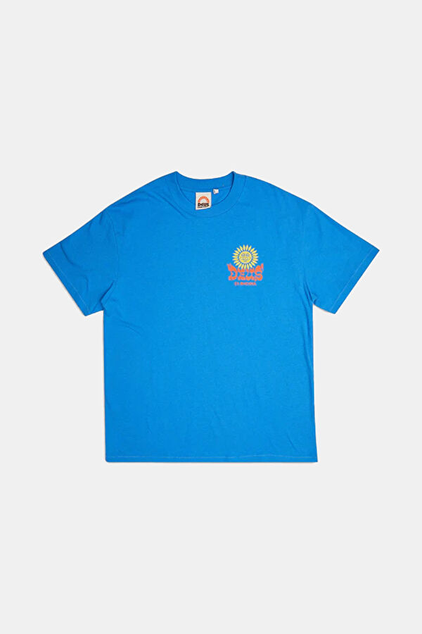 Relax Kalıp Mavi Bisiklet Yaka Baskılı T-Shirt