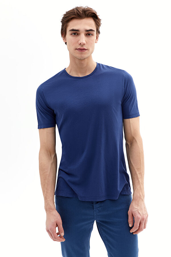 Mavi Bisiklet Yaka Düz T-Shirt