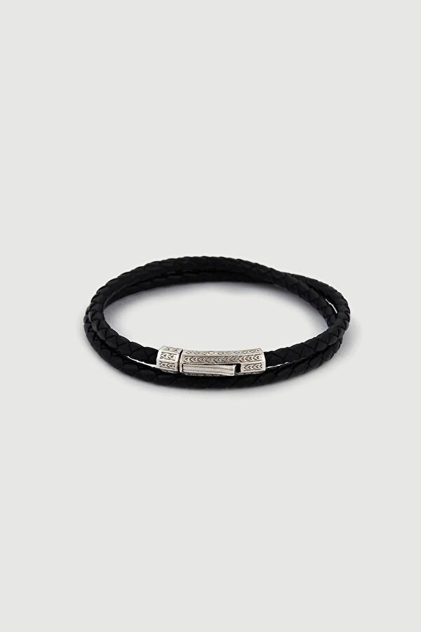 Silver Black Double Layer Leather Bracelet