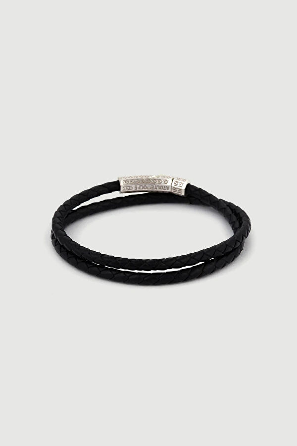 Silver Black Double Layer Leather Bracelet 2