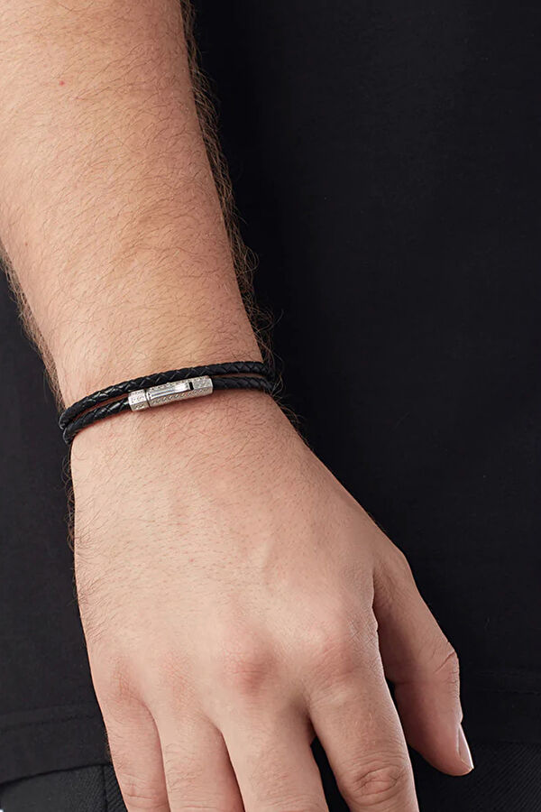 Silver Black Double Layer Leather Bracelet 3