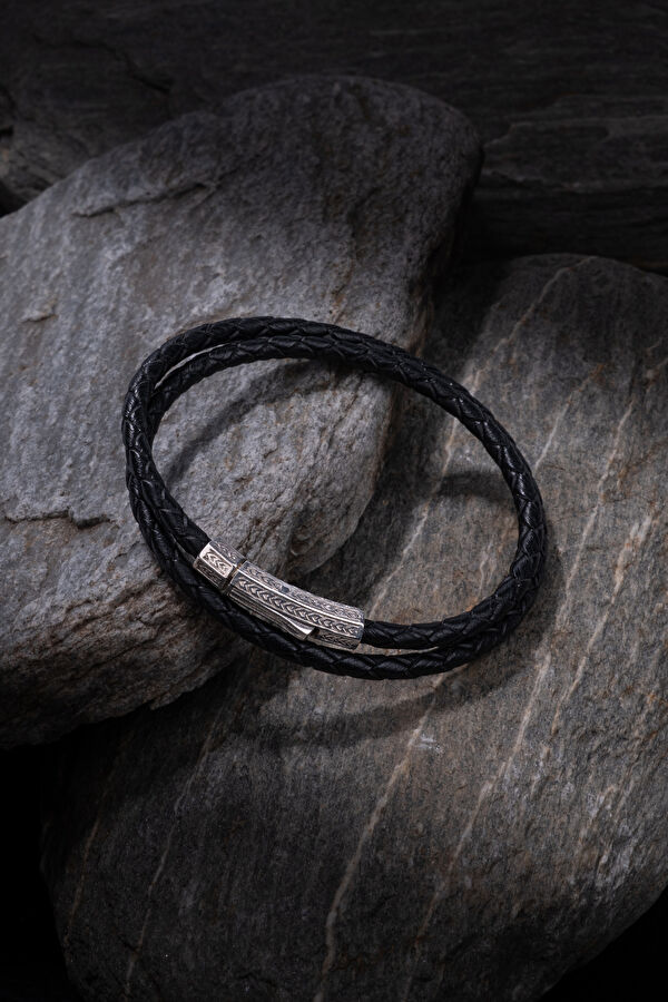Silver Black Double Layer Leather Bracelet 4