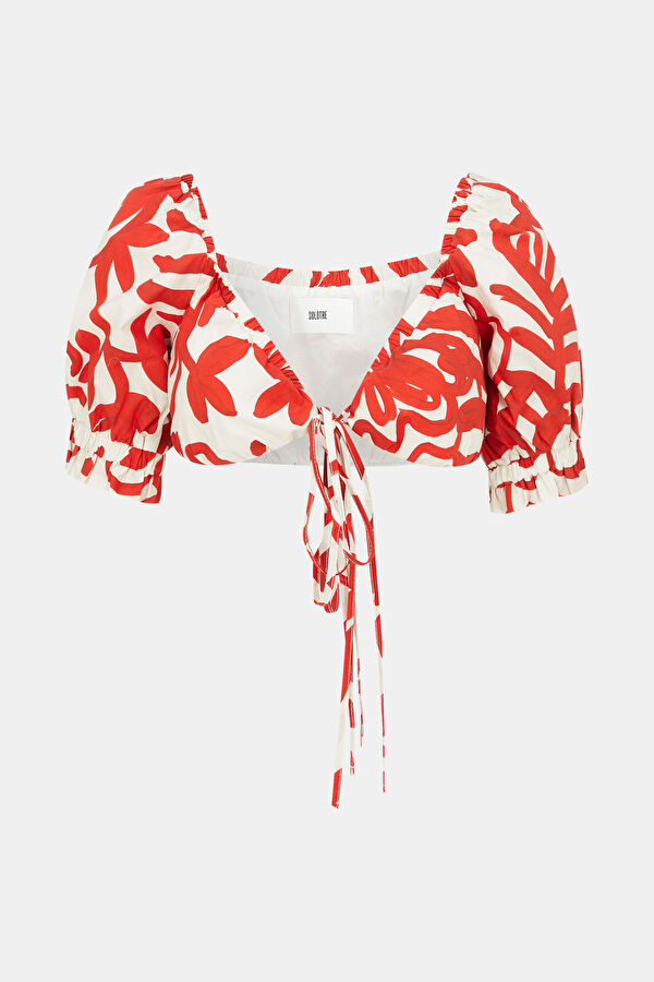 Red Patterned Short-Sleeved Women's Blouse