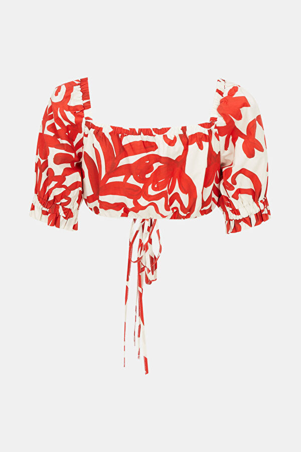 Red Patterned Short-Sleeved Women's Blouse 2