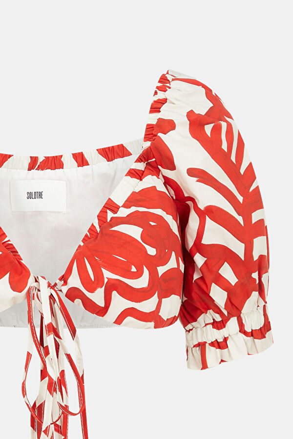 Red Patterned Short-Sleeved Women's Blouse 3