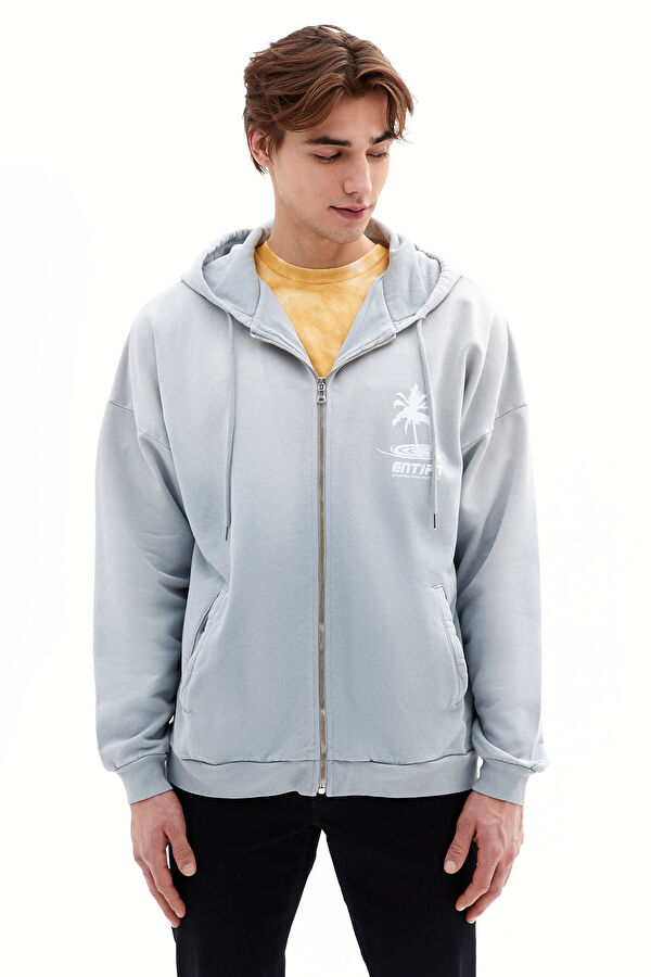 Açık Gri Relax Kalıp Kapuşonlu Sweatshirt