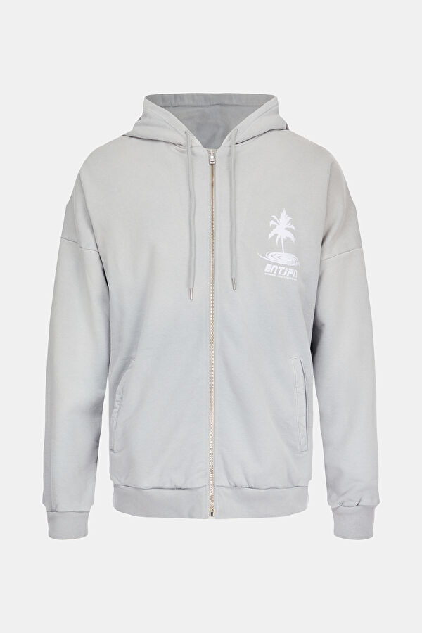 Açık Gri Relax Kalıp Kapuşonlu Sweatshirt 4