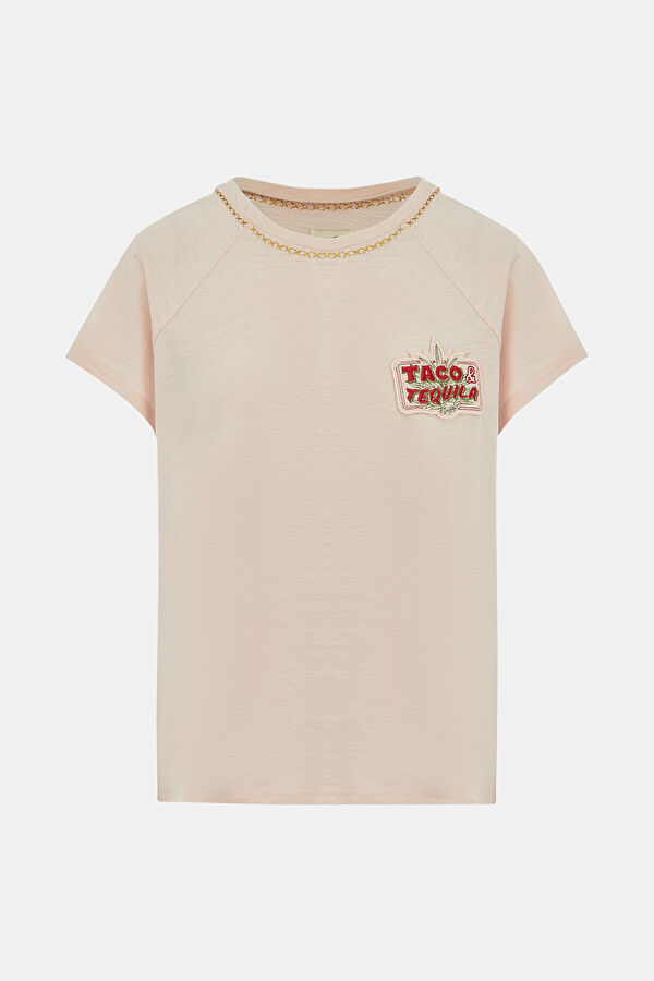 Relax Kalıp Açık Pembe O Yaka Baskılı T-Shirt