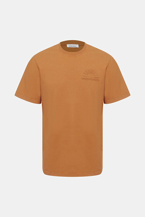 Relax Kalıp Açık Turuncu Bisiklet Yaka Baskılı T-Shirt