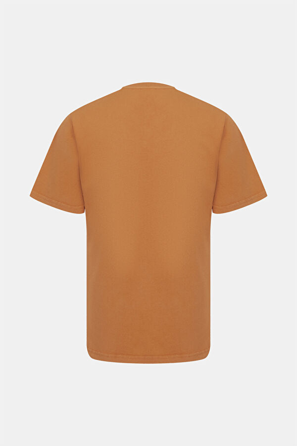 Relax Kalıp Açık Turuncu Bisiklet Yaka Baskılı T-Shirt 2