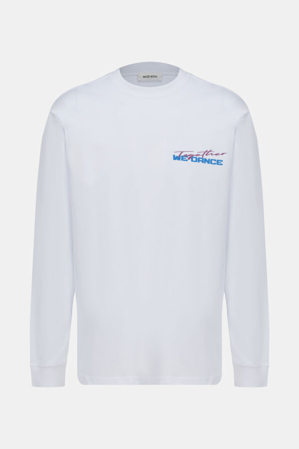 Relax Kalıp Beyaz Bisiklet Yaka Baskılı T-Shirt