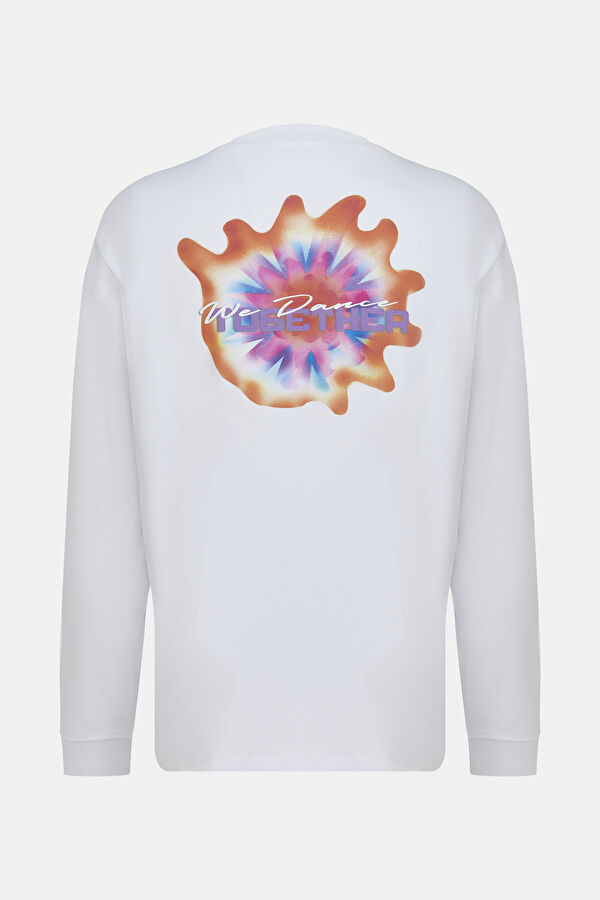 Relax Kalıp Beyaz Bisiklet Yaka Baskılı T-Shirt 2