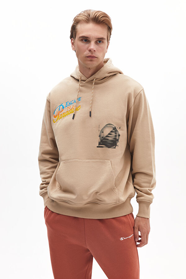 Bej Relax Kalıp Kapuşonlu Erkek Sweatshirt