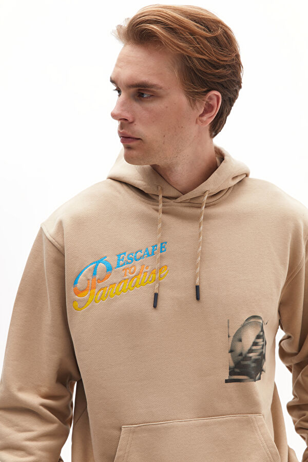Bej Relax Kalıp Kapuşonlu Erkek Sweatshirt 2