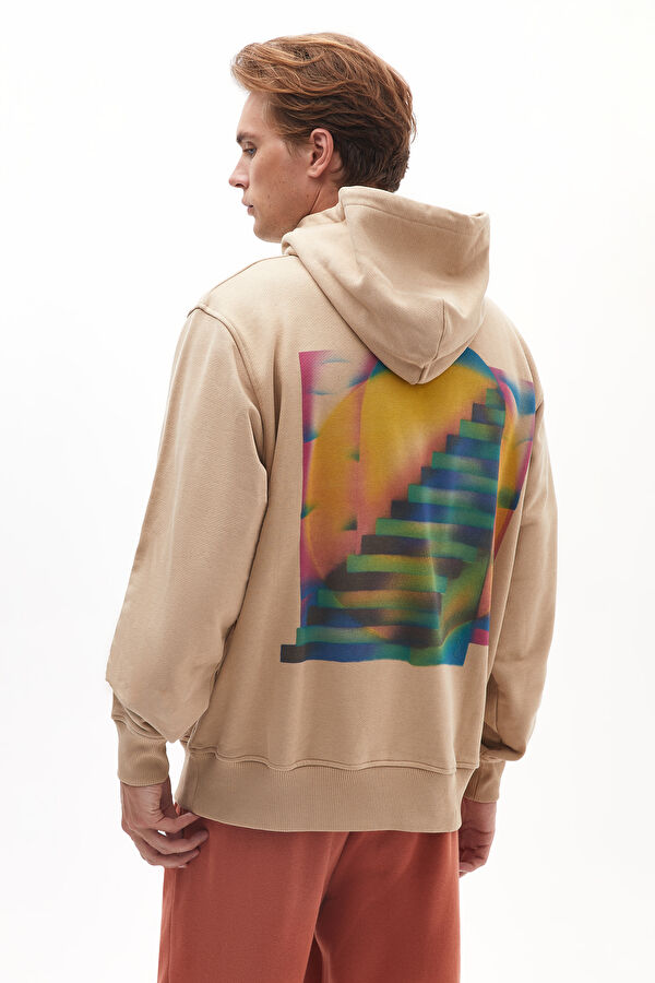 Bej Relax Kalıp Kapuşonlu Erkek Sweatshirt 3