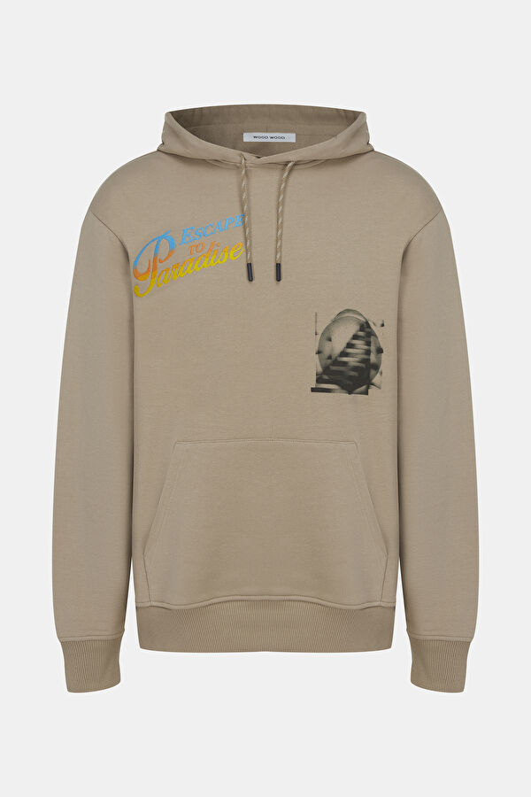 Bej Relax Kalıp Kapuşonlu Erkek Sweatshirt 4