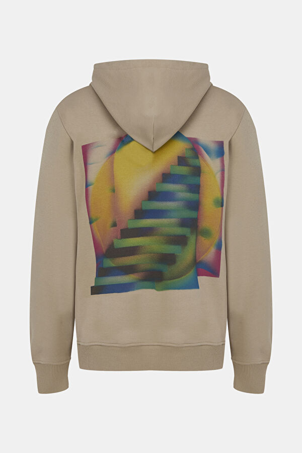 Bej Relax Kalıp Kapuşonlu Erkek Sweatshirt 5