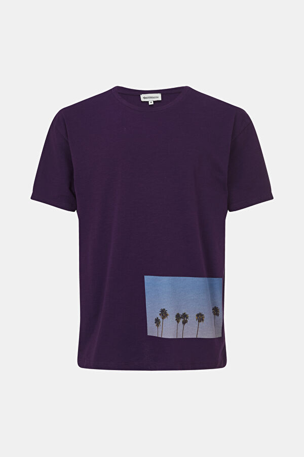 Mor Bisiklet Yaka Baskılı T-Shirt