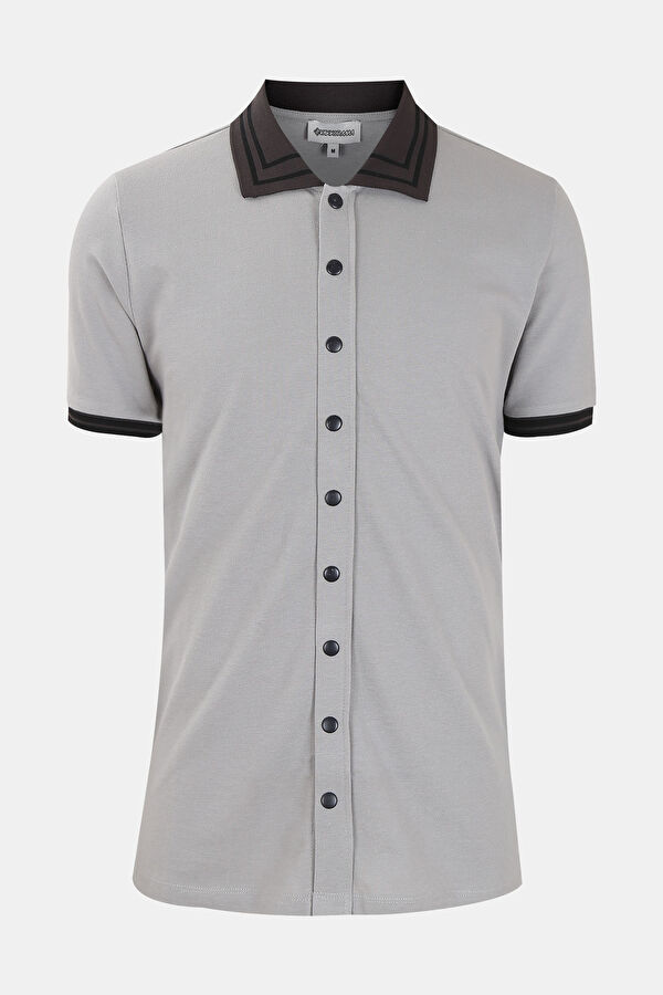 Gri Polo Yaka Düz Erkek T-Shirt