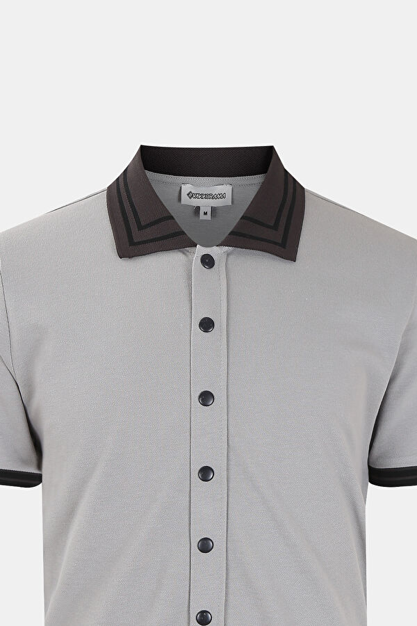 Gri Polo Yaka Düz Erkek T-Shirt 3