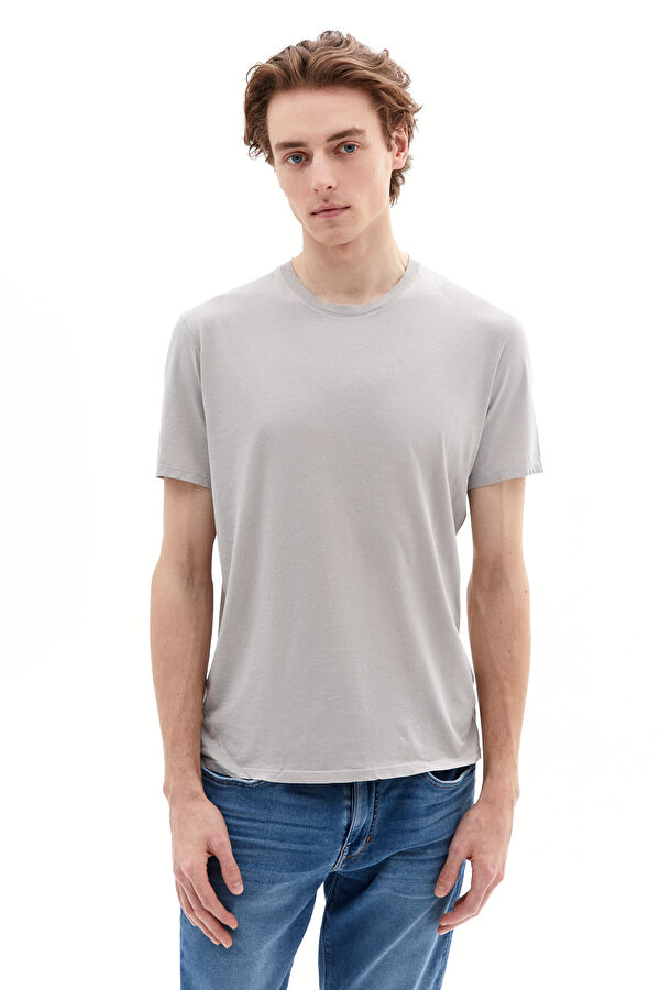Gri Bisiklet Yaka Düz T-Shirt