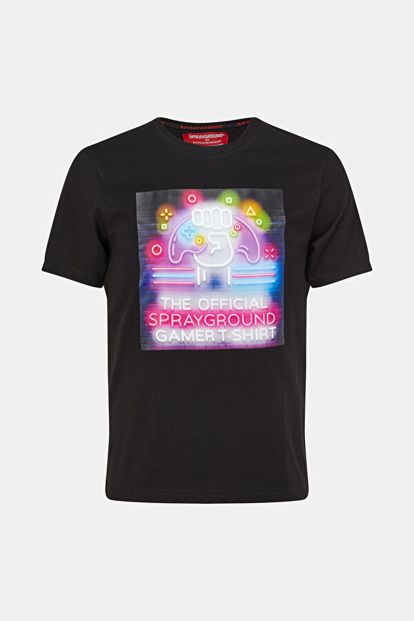 Oversize Siyah Bisiklet Yaka Baskılı T-Shirt