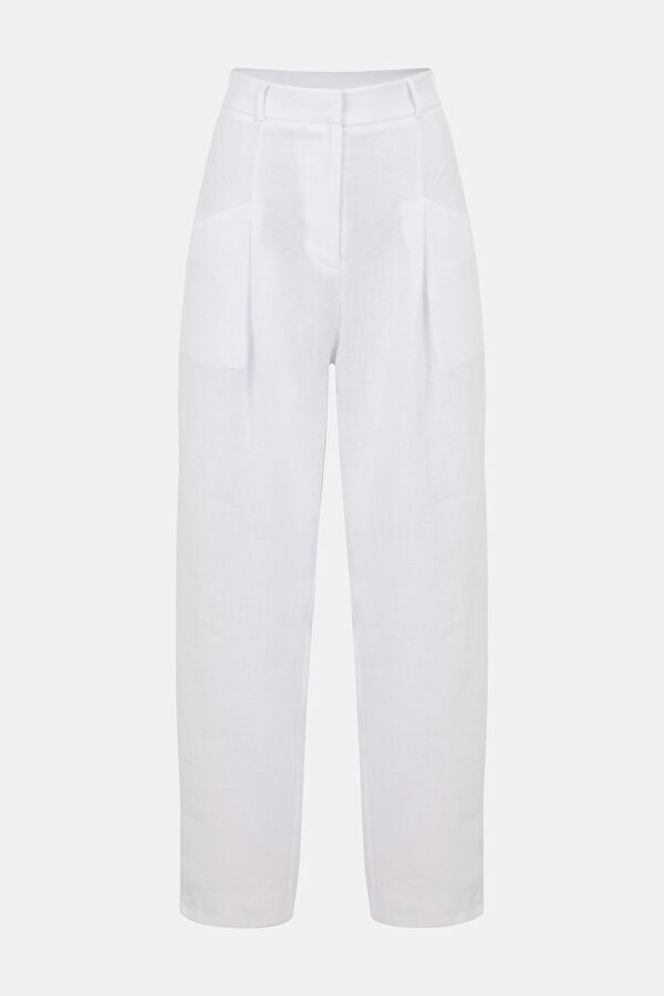 White Wide Leg Linen Women's Trousers