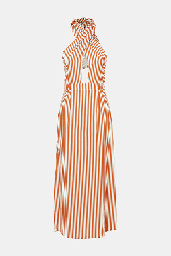 Orange Striped Midi Women's Dress